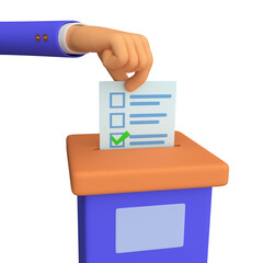 Voting concept in 3d style. Hand putting paper in the ballot box. 3d rendering