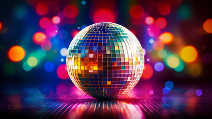 Disco ball sphere with colorful disco lights at party - obrazy, fototapety, plakaty
