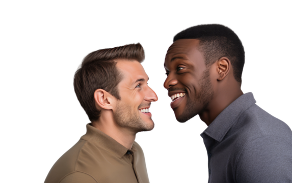 Two men standing side by side, facing forward with relaxed postures and wearing casual clothing. on a White or Clear Surface PNG Transparent Background.