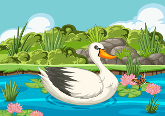 Obraz premium A graceful swan floats among water lilies and butterflies.