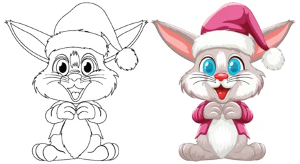 Fototapete Kinder Illustration of a bunny in Santa hat, colored and sketched.