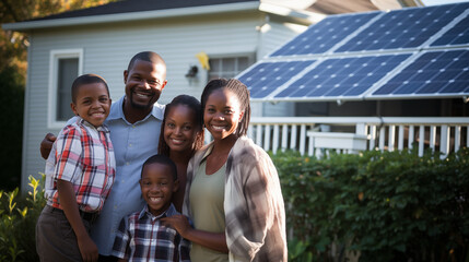 
Gathered in front of their home, a cheerful family marvels at their newly installed solar panel,...