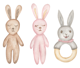 Baby Toys Clipart set, Watercolor Kids rabbits illustration, Vintage Nursery Eco toys clip art, Newborn Teething Toy, Card printing, Baby Shower graphics