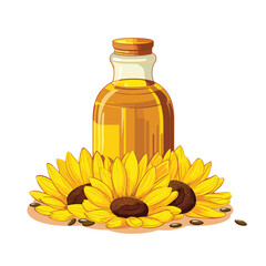 Bottle of sunflower oil with flower and heap of seed. Vector illustration