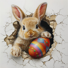 Adorable Bunny with Colorful Easter Egg Emerging from Wall Hole


