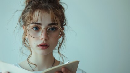 A young girl student in glasses and casual clothes stands on a white background, reading notes and preparing homework while holding a pen. - Powered by Adobe