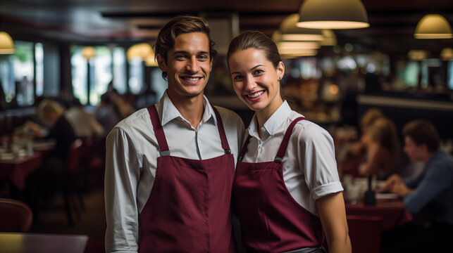 In a bustling bistro atmosphere, a waiter and waitress pause for a portrait, their smiles genuine and inviting. Amidst the lively chatter of diners and clinking of glasses