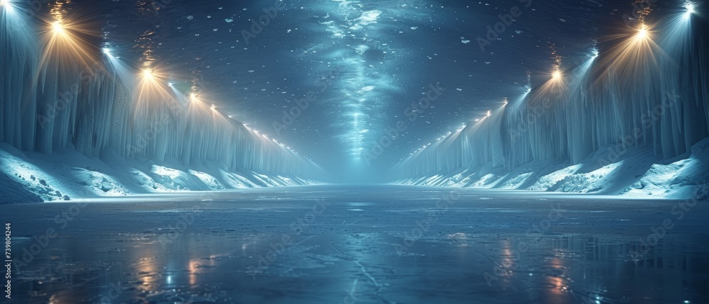 Poster Winter background with an empty ice rink with lights. Spotlight shines on the rink. Lighting with spotlights. Panorama in black. Sport.