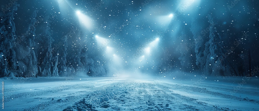 Poster background of snow and ice. empty rink illuminated by spotlights