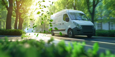 green sustainable eco friendly delivery truck van, carbon neutral shipping, sustainable co2 neutral zero emission logistics, ecological transportation - obrazy, fototapety, plakaty