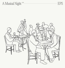 People sitting at tables in a restaurant. Music night, party. Hand drawn vector illustration.