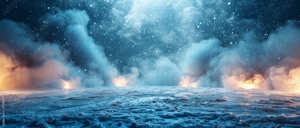 Poster snow and ice background. spotlights illuminate an empty ice rink