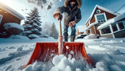 Person shoveling snow in winter with a red shovel - obrazy, fototapety, plakaty