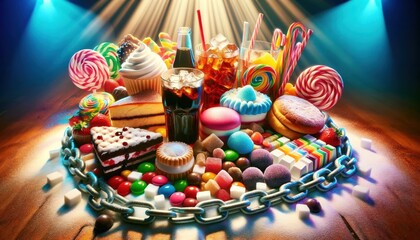 Sugary treats surrounded by chains, symbolizing the trap of sugar addiction