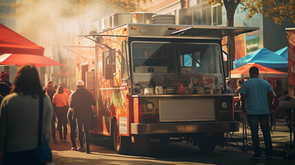 At a bustling city festival, food trucks of various cuisines line the streets, their colorful...