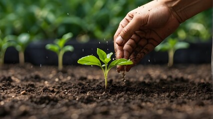 A seedling is watered by a hand. background with copy space and selective focus