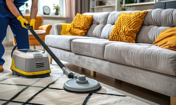 Man male cleaning service professional cleans carpet in light grey and yellow room with specialized equipment