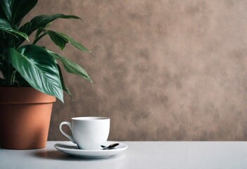 Coffee Cup on Table near Plant by Wall 