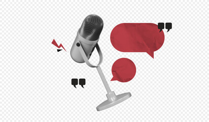 Trendy Halftone Collage Online Broadcasting concept. Audio recording of interview. Microphone with speech bubble messages. Talking in podcast. Streaming service. Contemporary vector art - obrazy, fototapety, plakaty