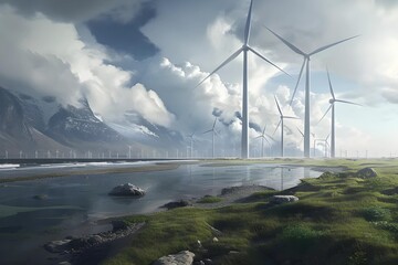 Obraz premium Coastal renewable energy landscape with strategically placed windmills and solar arrays to harness nature's power.