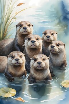 Naklejki Bring to life the playful and curious nature of a family of otters in a whimsical watercolor painting