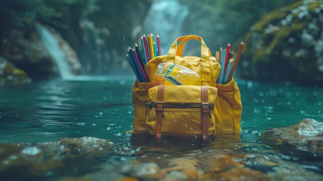 The image of the school bag floating with school items is part of an advertising campaign