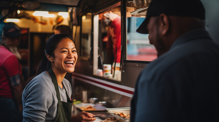 a bustling street food truck market, a joyful mix of multiracial individuals converged, drawn together The air buzzed with laughter - obrazy, fototapety, plakaty