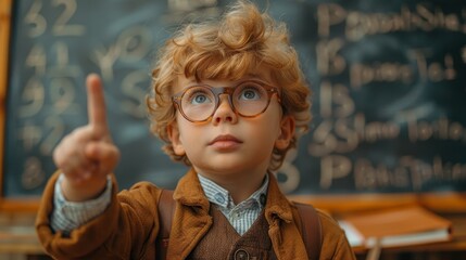 A funny little boy in glasses pointing up at a blackboard. A child from elementary school with a book and bag in his hand. Education.
