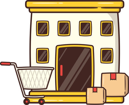 Supermarket Building Illustration with Trolley and Package Box, Department Store of Commerce