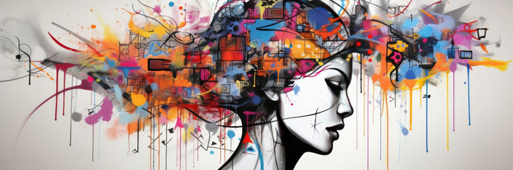 Colorful Paint Splatters Adorn Womans Head in a Vibrant Painting