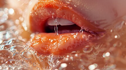 The concept of aesthetic cosmetology, care of the female body, close-up of the sensual lips of a girl under drops of water - obrazy, fototapety, plakaty