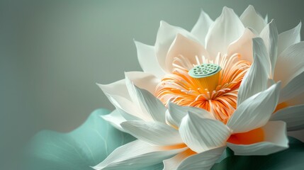 Beautiful spring white and orange paper flowers are depicted on a white and blue background