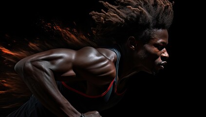 Fototapeta na wymiar A powerful female sprinter races against a sleek black background