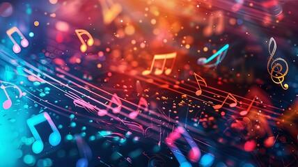 Illustration AI horizontal abstract neon melody: music notes in vibrant lights. Background concept.