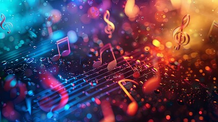Illustration AI horizontal cosmic journey of musical notes in neon fantasy. Background concept.
