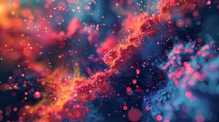 Illustration AI horizontal abstract particle dance in blue and red hues. Background, textures.