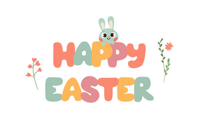 Happy Easter Greeting Card with Cartoon Rabbit And flower vector illustration isolate on white ,cartoon colorful style , flat graphic design for logo , cards , various design uses sticker paper and