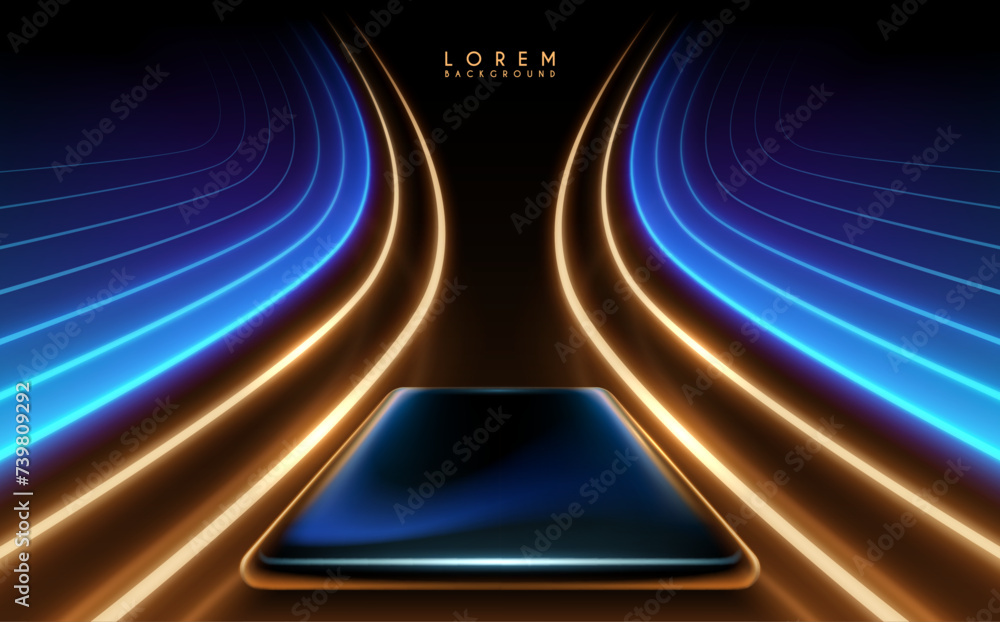 Wall mural platform with blue and gold light lines effect
