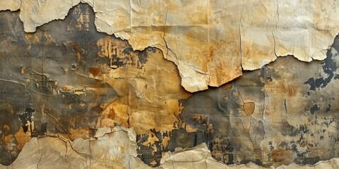 Distressed document look achieved with a grunge paper texture, featuring stains and tears