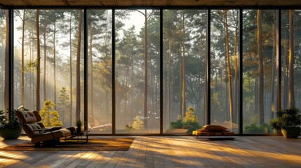 interior design of a spacious room with large windows against a background of nature.
