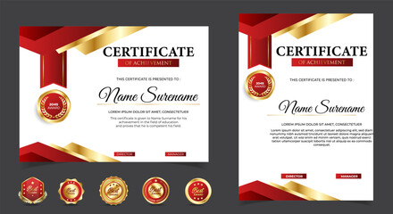 Certificates of completion template with luxury badge and modern line and shapes. Horizontal certificate For award, business, and education needs. Diploma vector template - obrazy, fototapety, plakaty