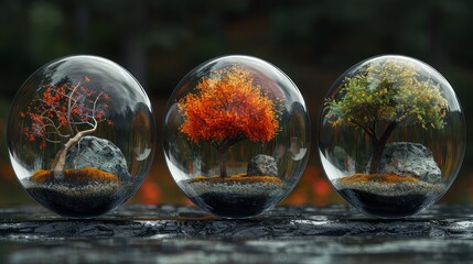 three crystal spheres lined up side by side against a blurred natural background. reflects a separate phase of the tree from autumn to winter. - obrazy, fototapety, plakaty