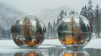 crystal spheres with trees inside are lined up side by side against a blurry natural background. reflects a separate phase of tree development from autumn to winter. - obrazy, fototapety, plakaty