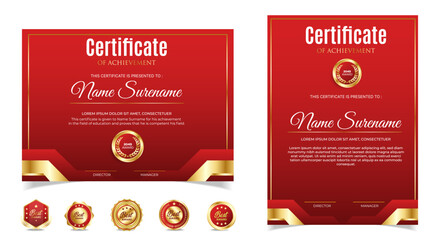 Certificate of appreciation template, gold and red color. Clean modern certificate with gold badge. Certificate border template with luxury and modern line pattern. Diploma vector template