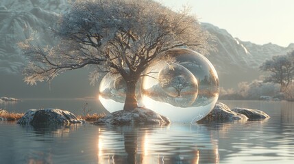crystal spheres with trees inside are lined up side by side against a blurry natural background. reflects a separate phase of tree development from autumn to winter. - obrazy, fototapety, plakaty