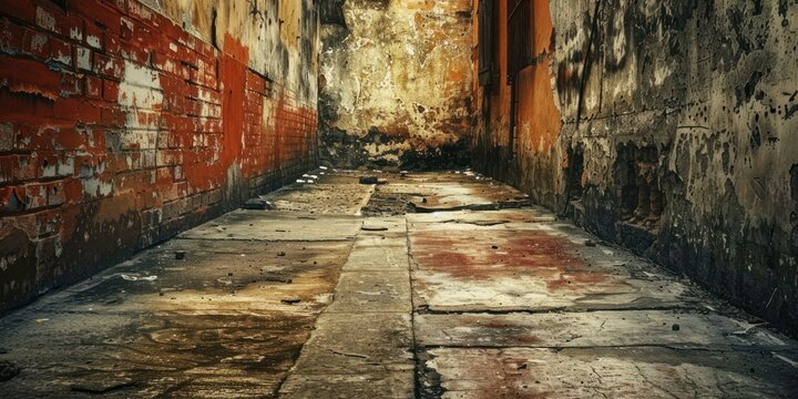 Textured ground and decaying walls define this gritty grunge urban alley scene