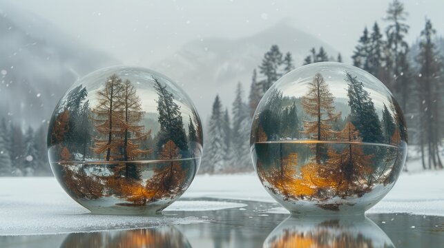 crystal spheres with trees inside are lined up side by side against a blurry natural background. reflects a separate phase of tree development from autumn to winter.