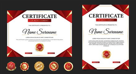 Certificate of appreciation template, gold and red color. Clean modern certificate with gold badge. Certificate border template with luxury and modern line pattern. Diploma vector template