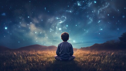 In the quiet of the night, a child looks up at the stars, symbolizing the endless possibilities and aspirations of childhood - obrazy, fototapety, plakaty