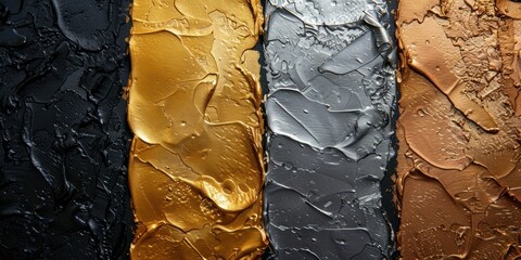 Metallic shimmer paints, gold, silver, and bronze on black, luxurious texture